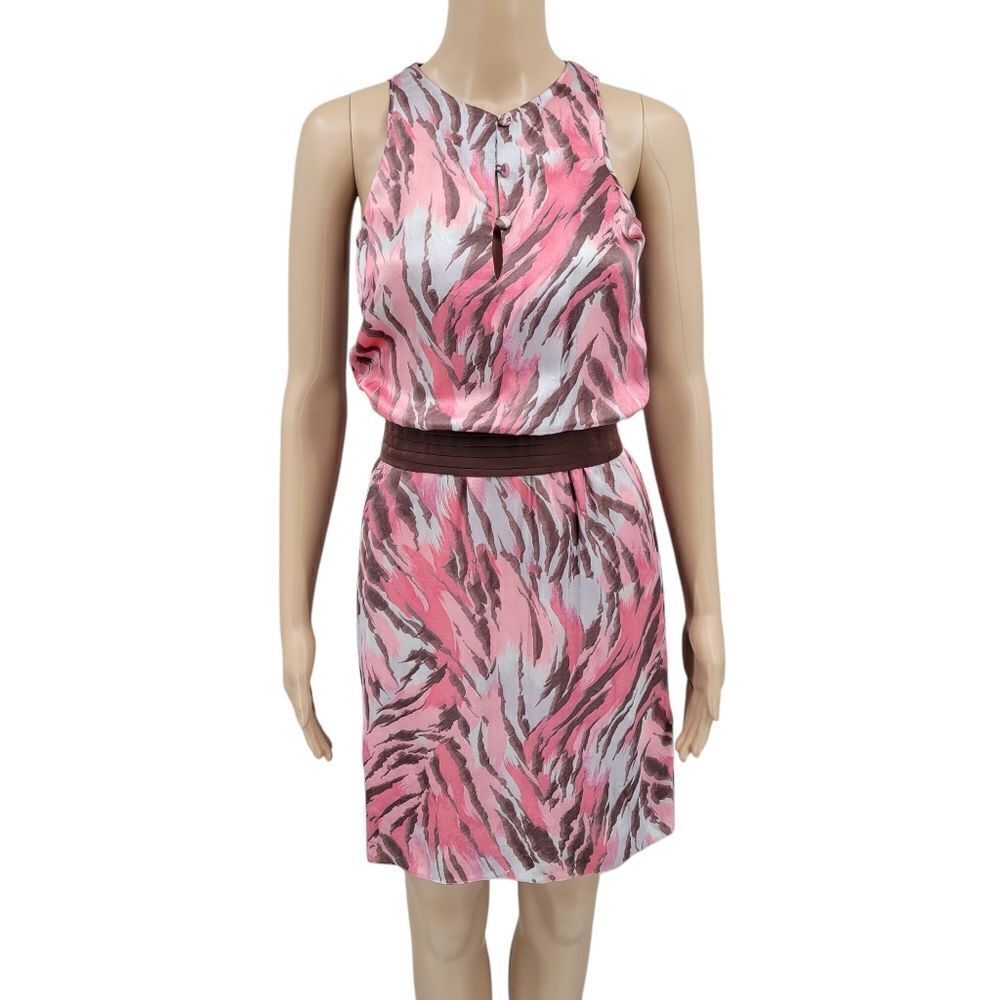 Carlos Miele Silk Sleeveless Midi Dress Pink and Brown Cinched Waist